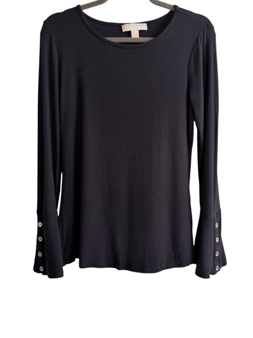 Michael Kors Black Ribbed Bell Cuff Top MK Logo Buttons Long Sleeve S